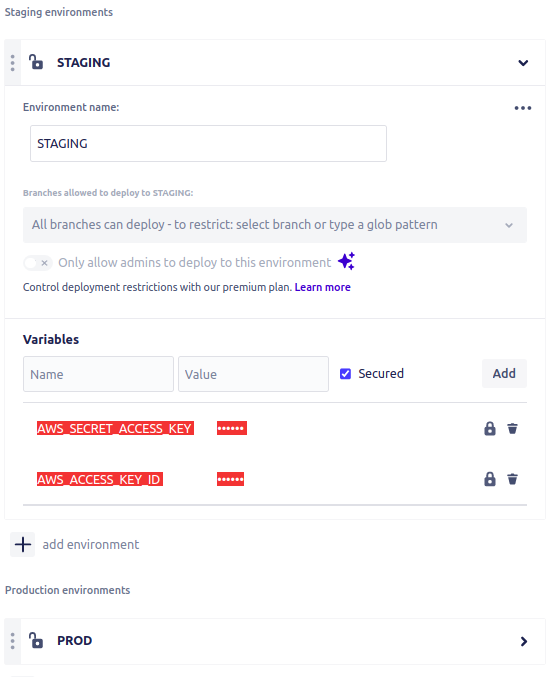 Multiple environments for bitbucket pipeline without...