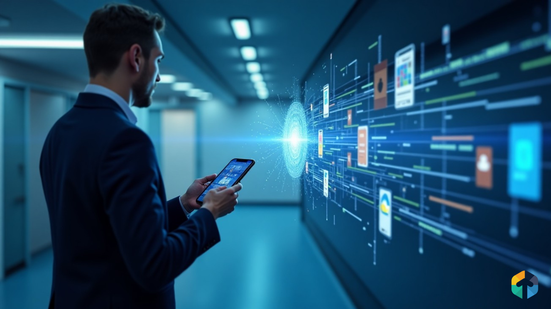Man holding smartphone looks at large digital display with flowing lights and app icons.