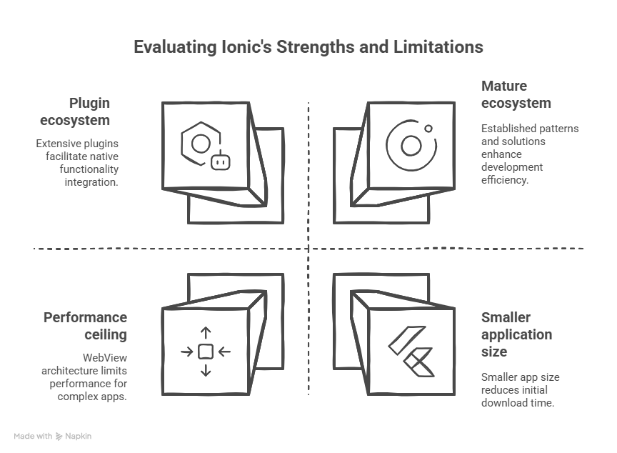 Ionic strengths & weaknesses: Plugin ecosystem, mature ecosystem, performance, and app size.