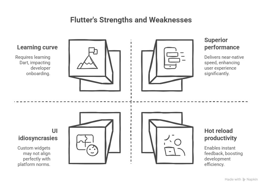 Flutter strengths & weaknesses: Learning curve, performance, UI, and hot reload.