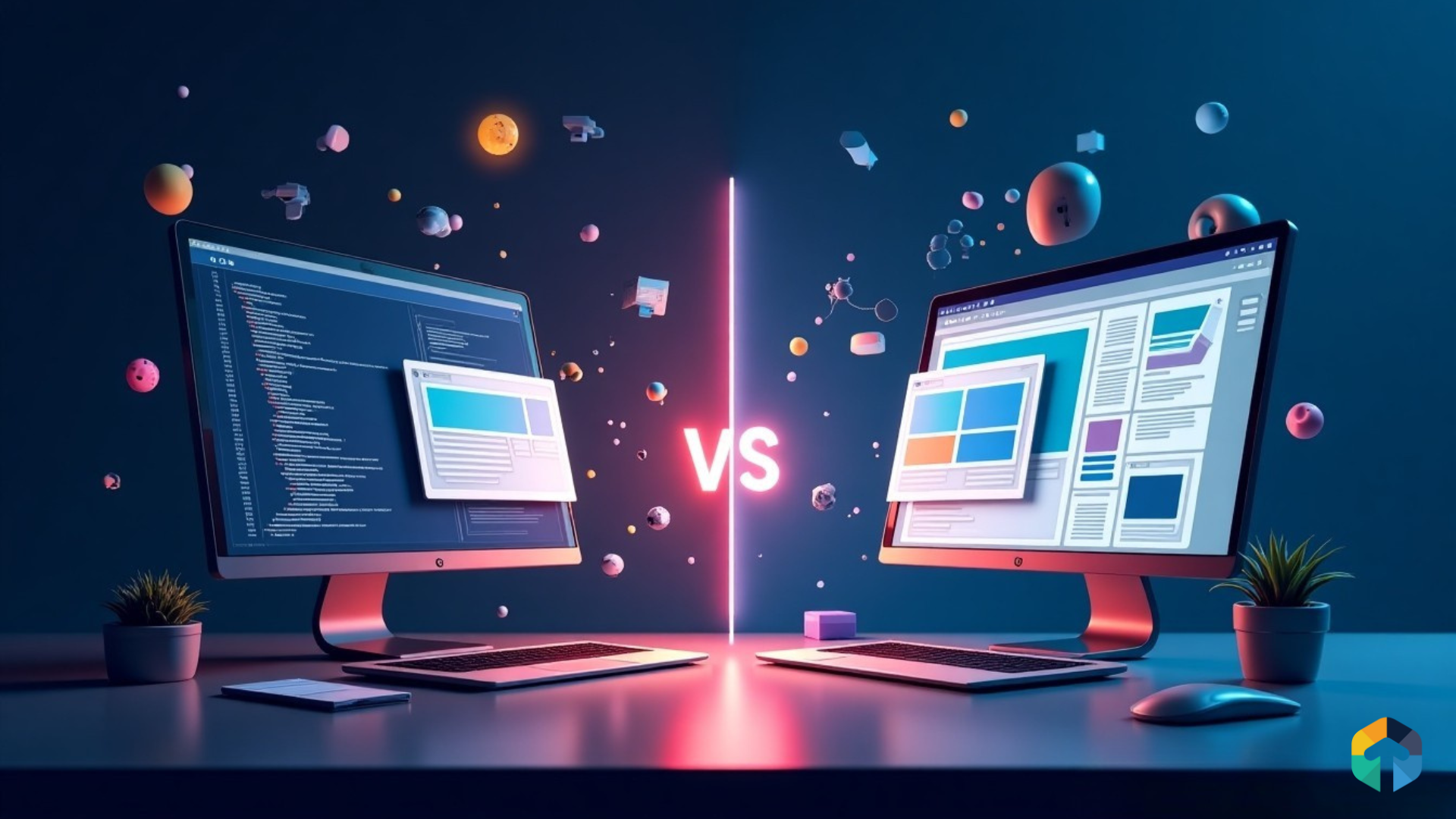 Image showcasing strapi vs wordpress with two laptop facing each other and title strapi vs wordpress
