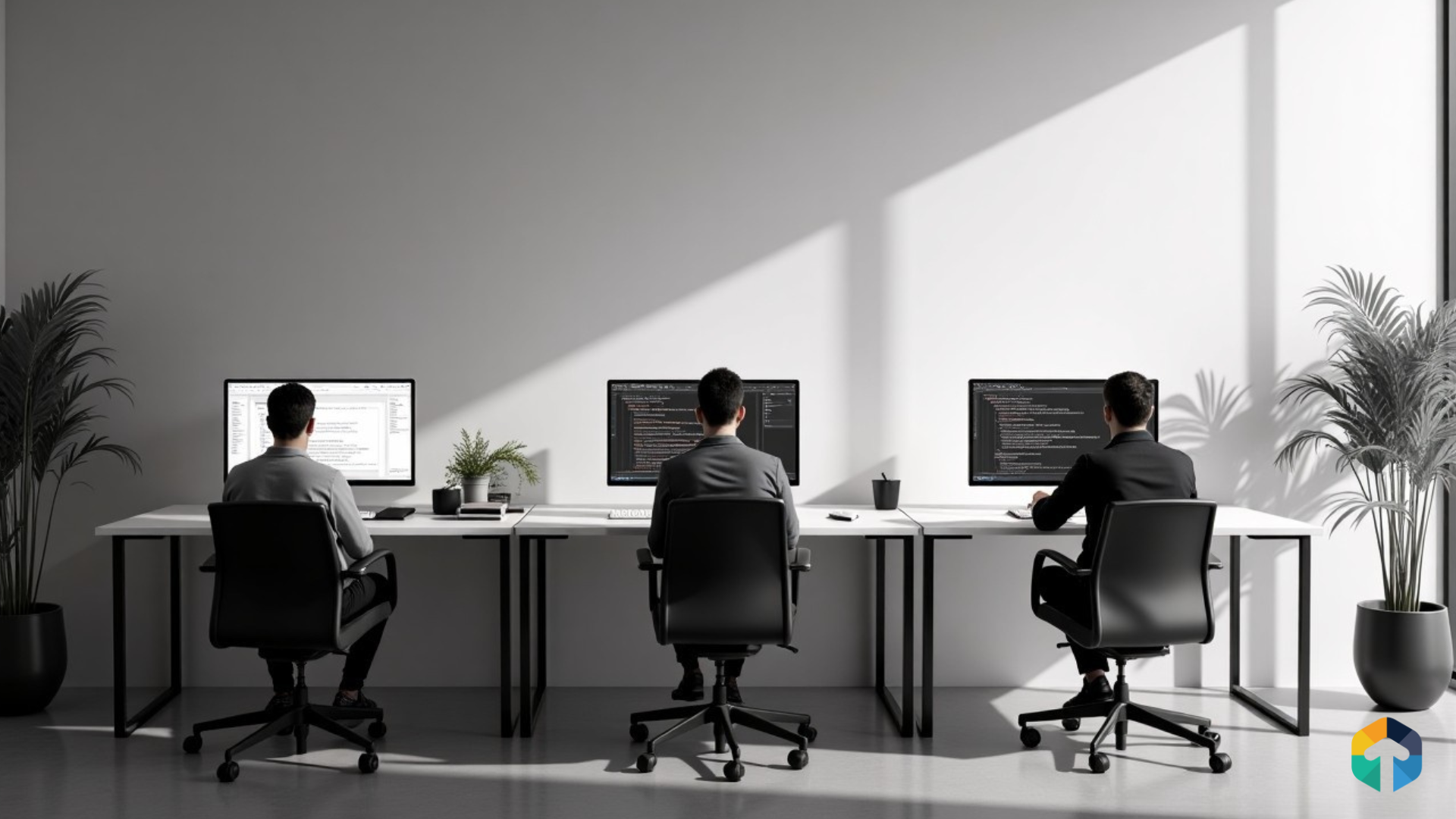 Three developers sitting at separate desks in a modern office, each working on different types of software interfaces symbolizing no-code, low-code, and high-code development approaches