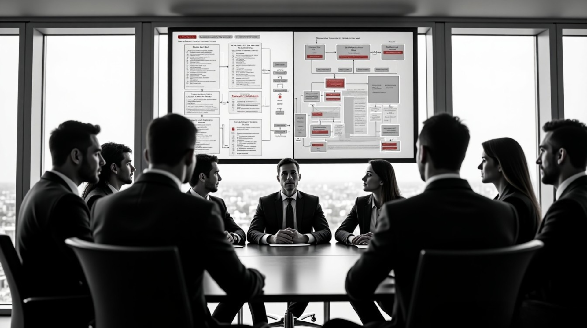 Professional team meeting to choose the best low-code platform, analyzing strategic and technical requirements on screen.